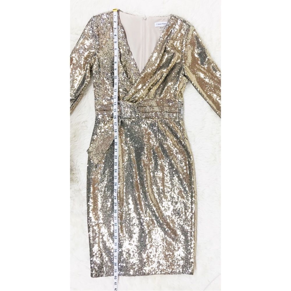 CALVIN KLEIN Gold Sequin Cocktail Dress Party Knee Length Faux Wrap Size 2 New - Picture 12 of 12